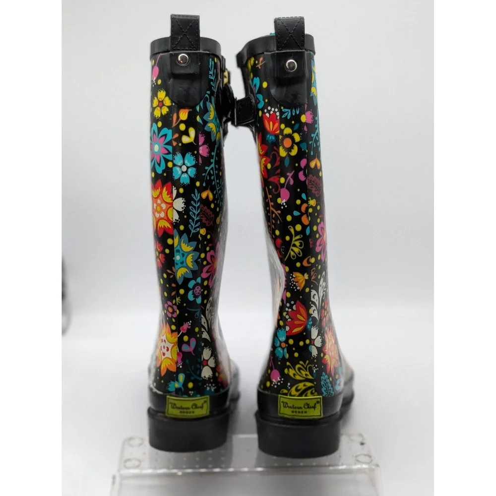 Western Chief Garden Play Rain Boots Womens 6 Black Floral Waterproof Tall